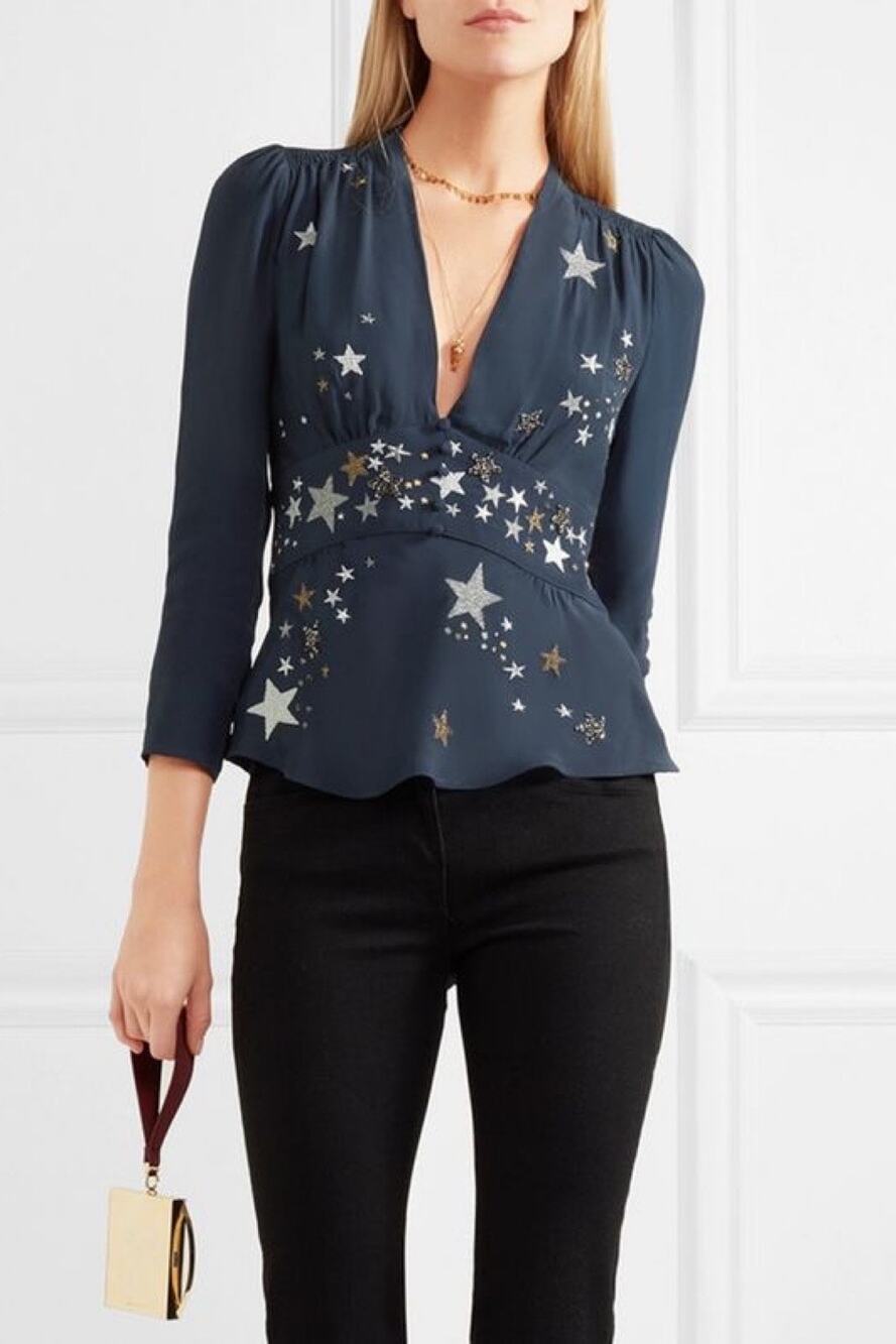 Rixo Pandora Star Print Embroidered Navy Blue Embellished Blouse Top XS